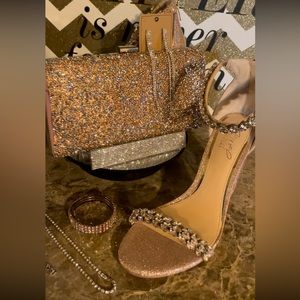 JEWEL BADGLEY MISCHKA Beautiful Rose Gold Evening Heels Size 8 W/Accessory Set